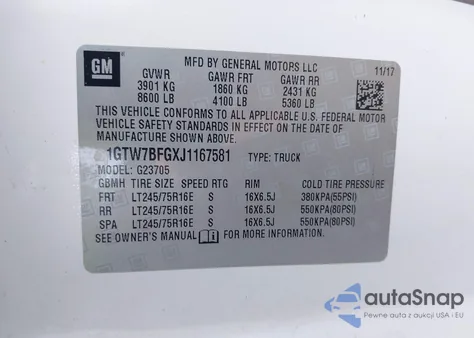 2018 GMC Savana 2500 Work Van z USA, uszkodzony, nr VIN 1GTW7BFGXJ1167581